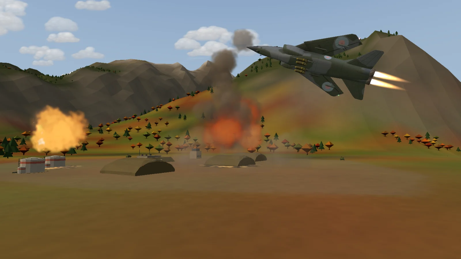 A Tornado GR1 pulls up on afterburner over burning hardened aircraft shelters.