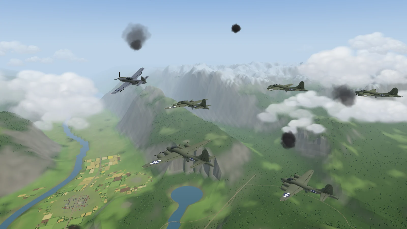 A box of B-17G bombers flies through black flak bursts with a P-51D escort.