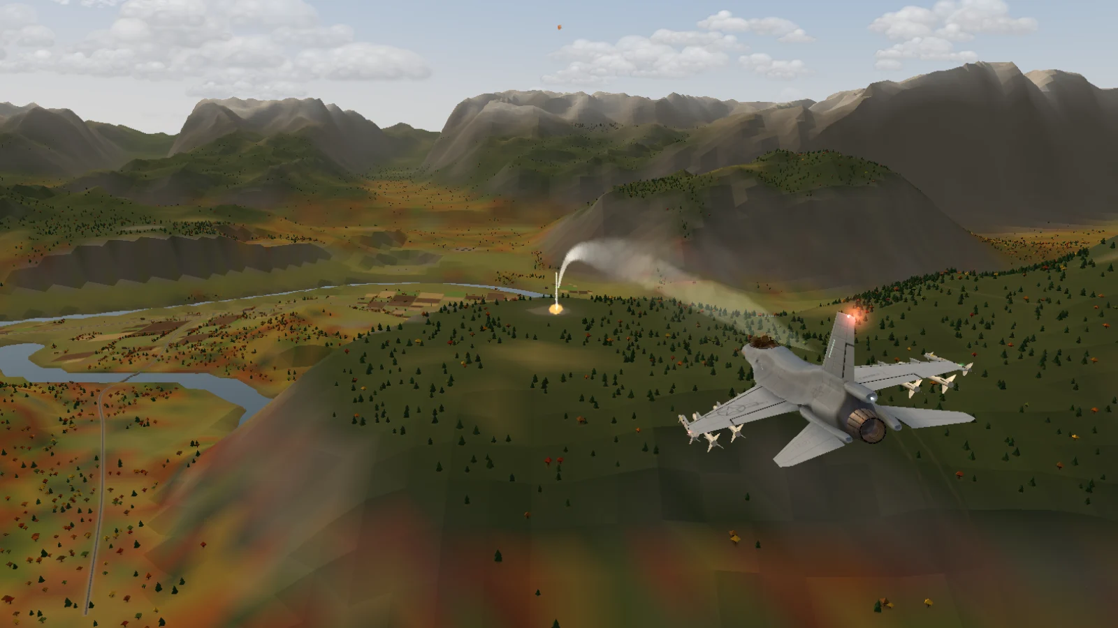 From behind an F-16, a HARM arcs down toward an SA-6 site as the SAM launches back.